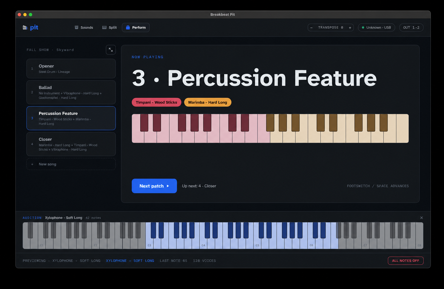 Pit in performance view, showing a fall-show song list, the current percussion feature, playable timpani and marimba keys, and a controller keyboard.