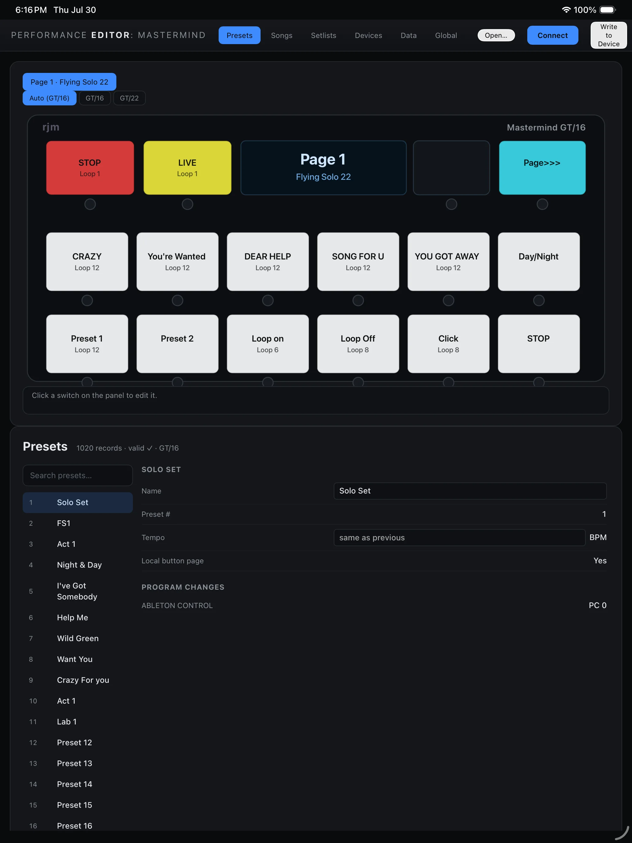 Mastermind presets workspace on iPad