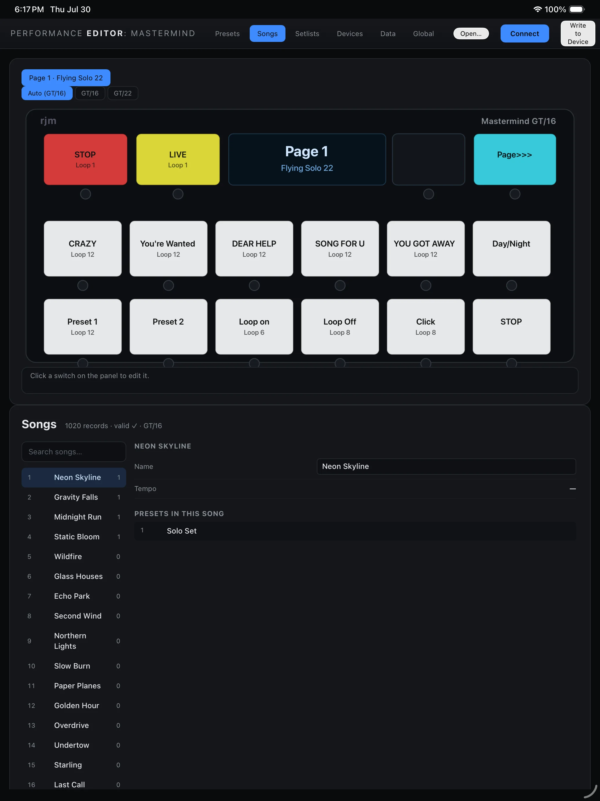 Mastermind songs workspace on iPad