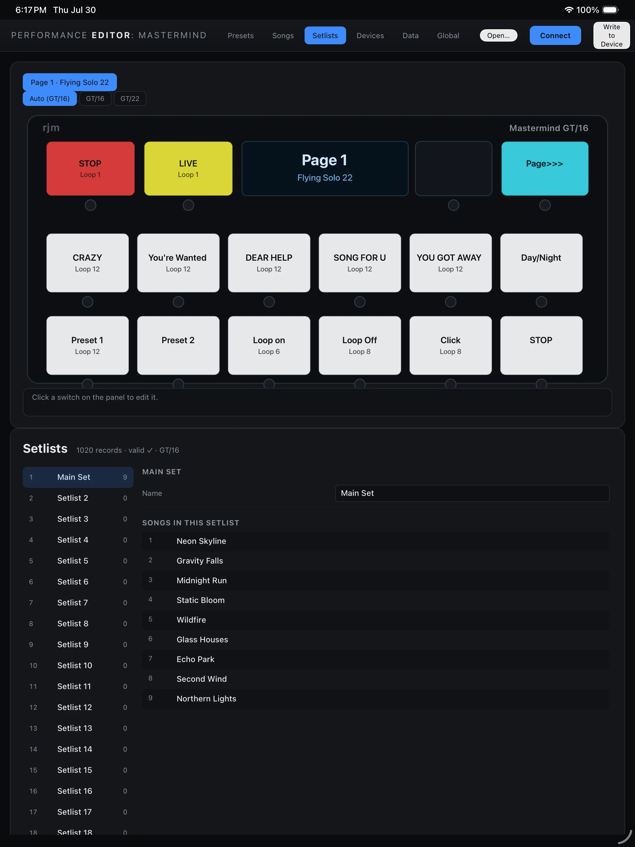 Mastermind setlists workspace on iPad