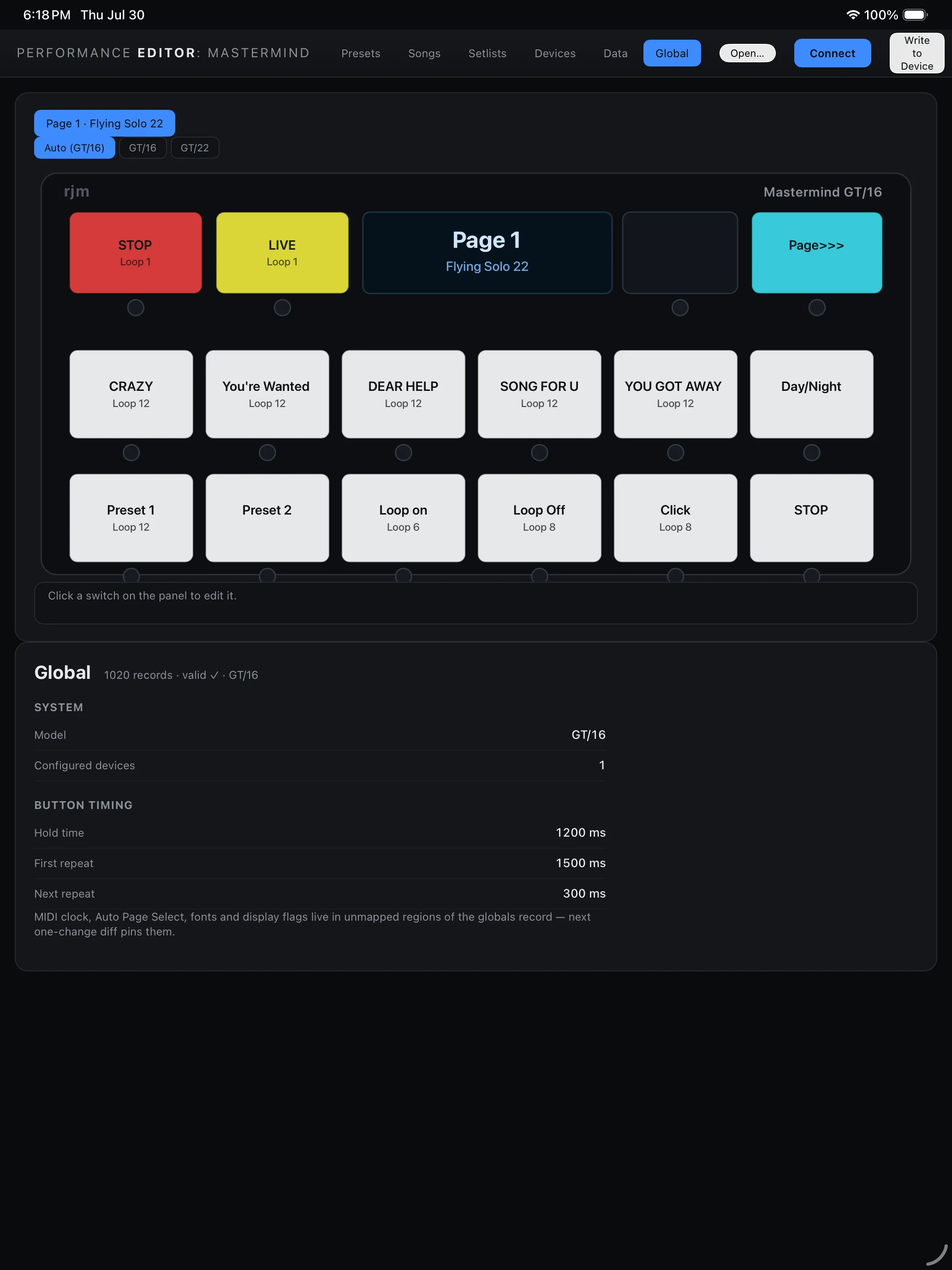 Mastermind global settings on iPad