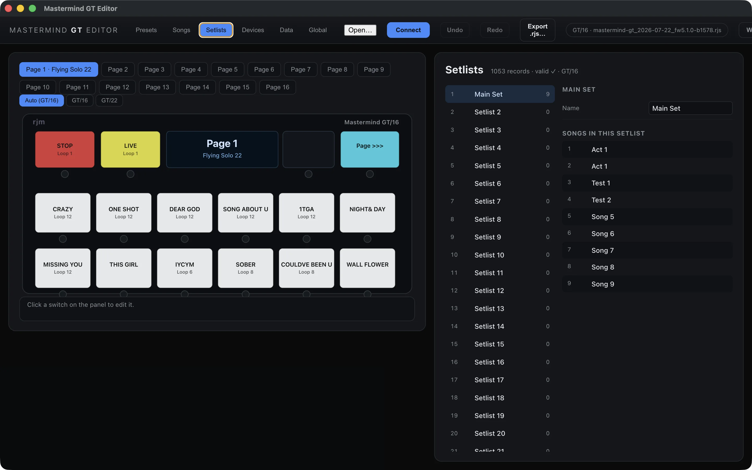 Mastermind setlists workspace on Mac