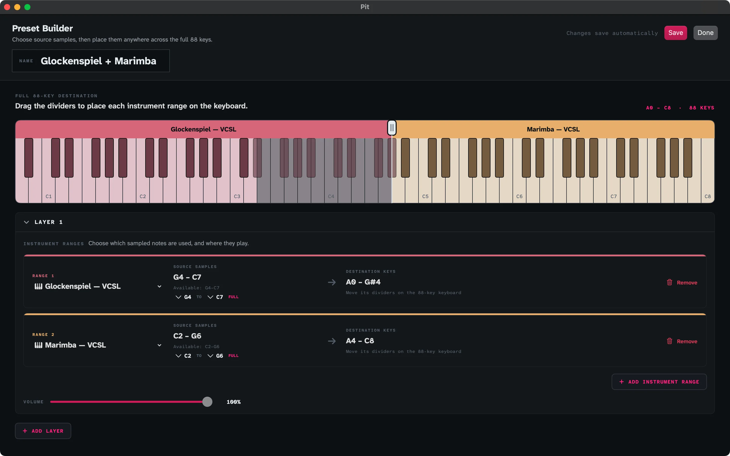 Pit preset builder and keyboard split editor on Mac
