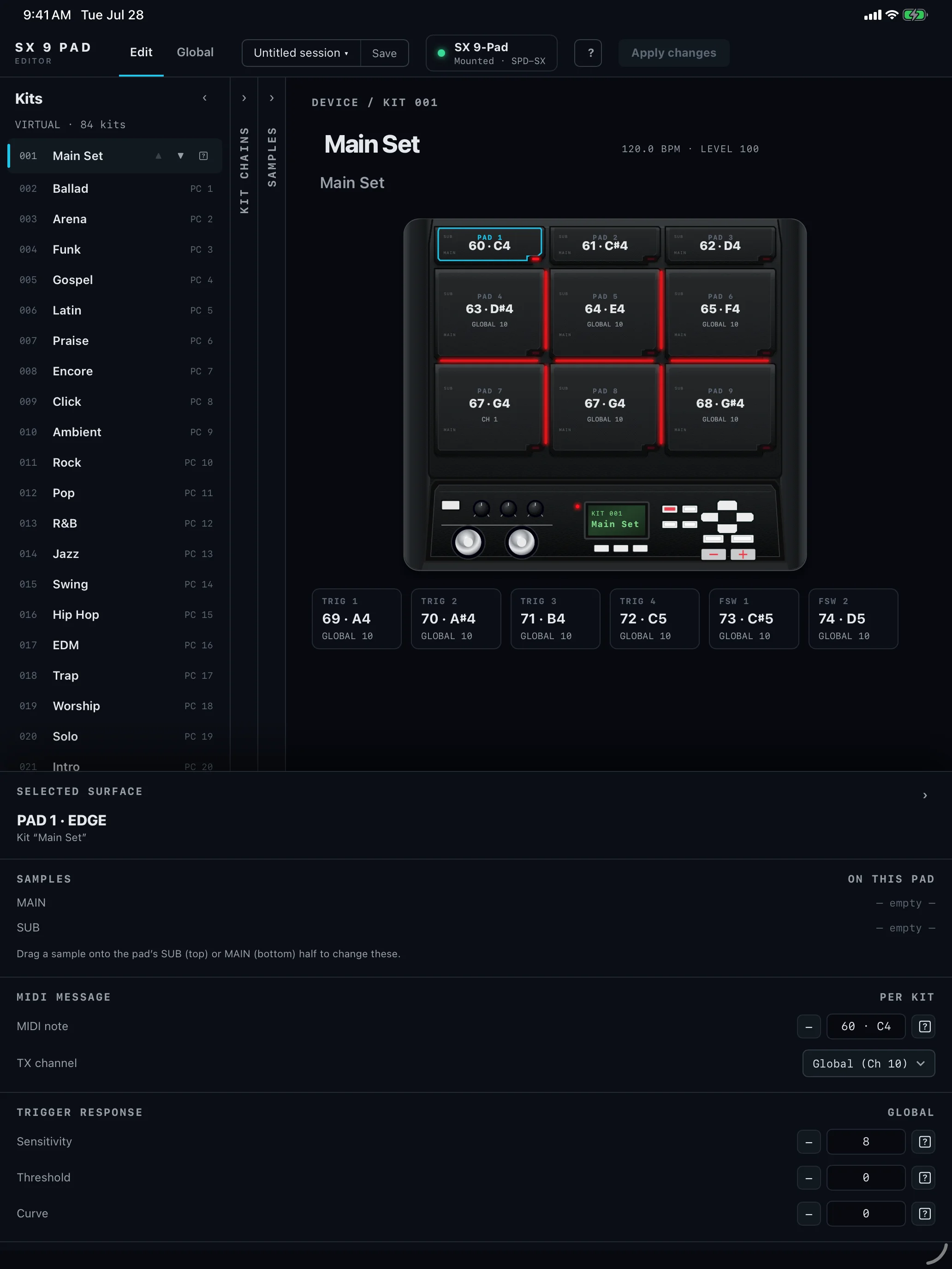 Performance Editor: SX 9 Pad first-launch screen on iPad