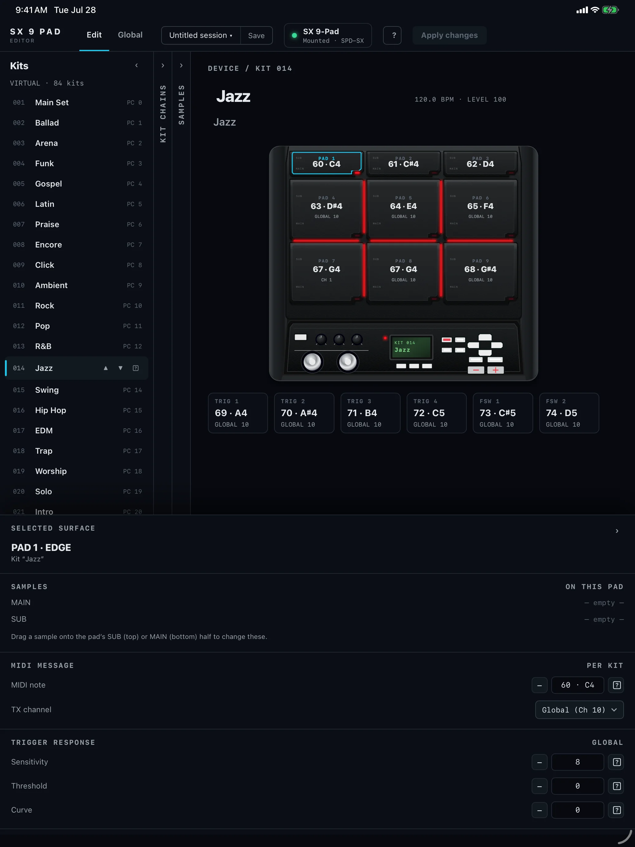 Performance Editor: SX 9 Pad kit editor on iPad