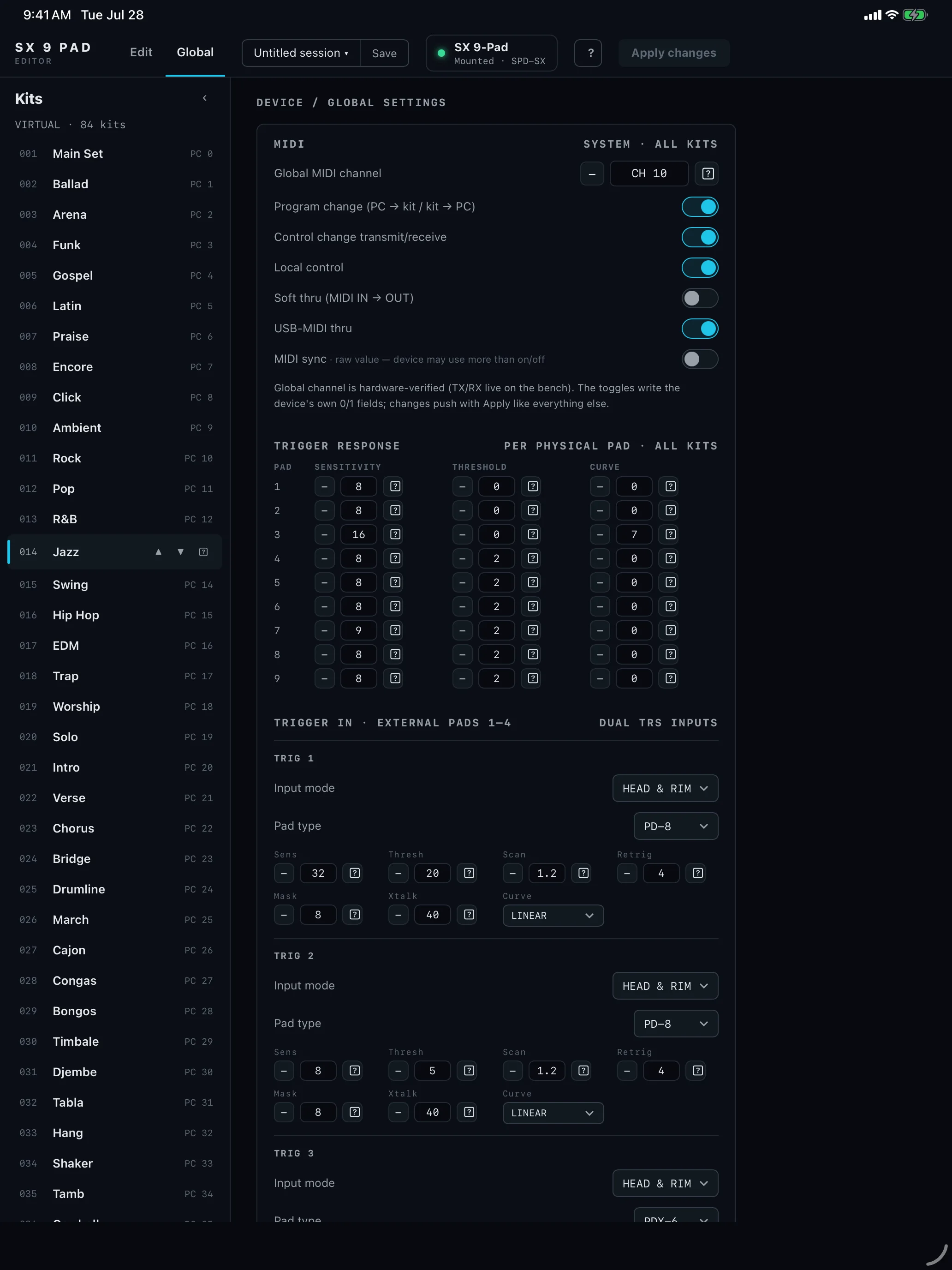 Performance Editor: SX 9 Pad global settings on iPad