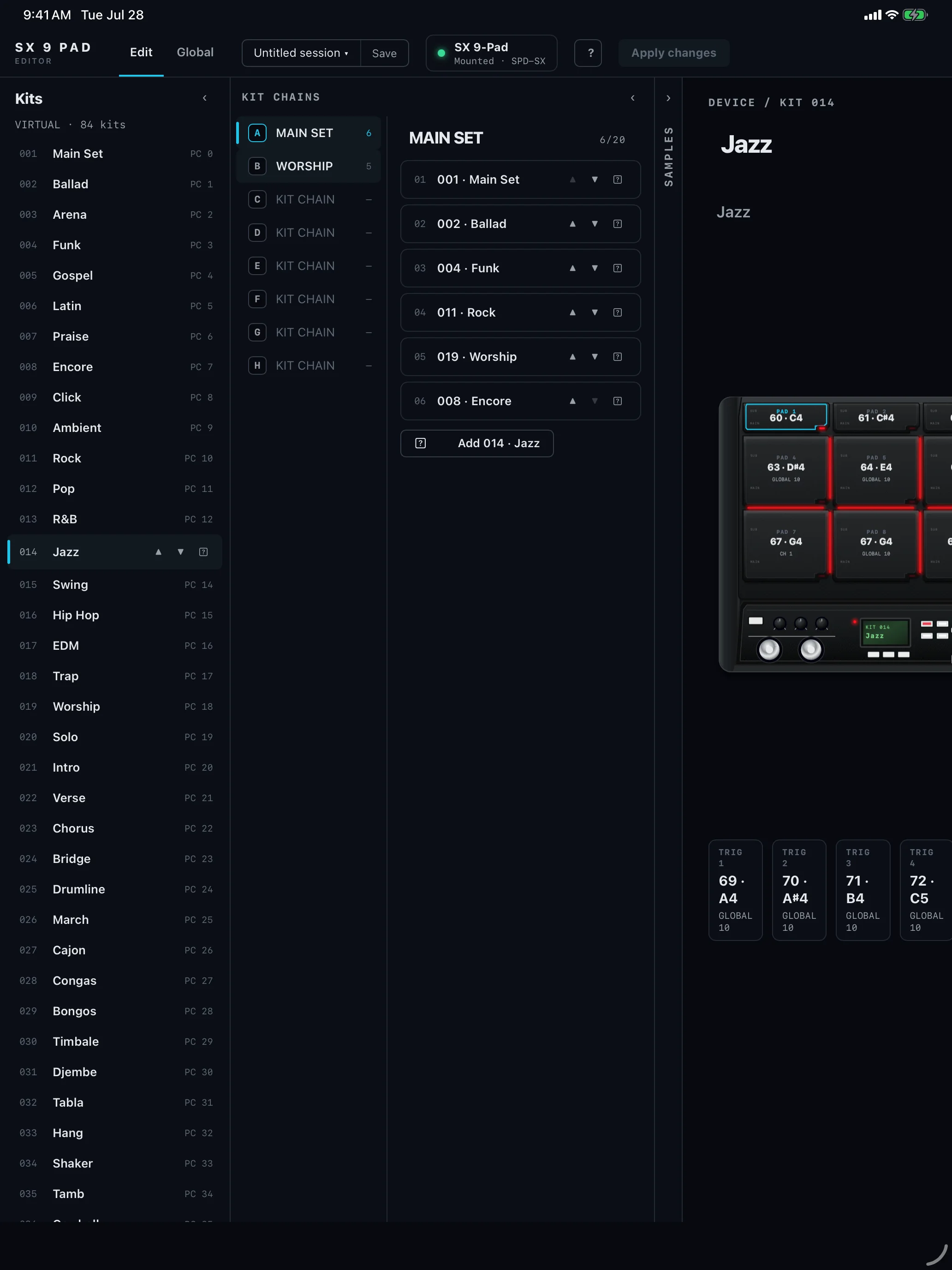 Performance Editor: SX 9 Pad kit chains on iPad
