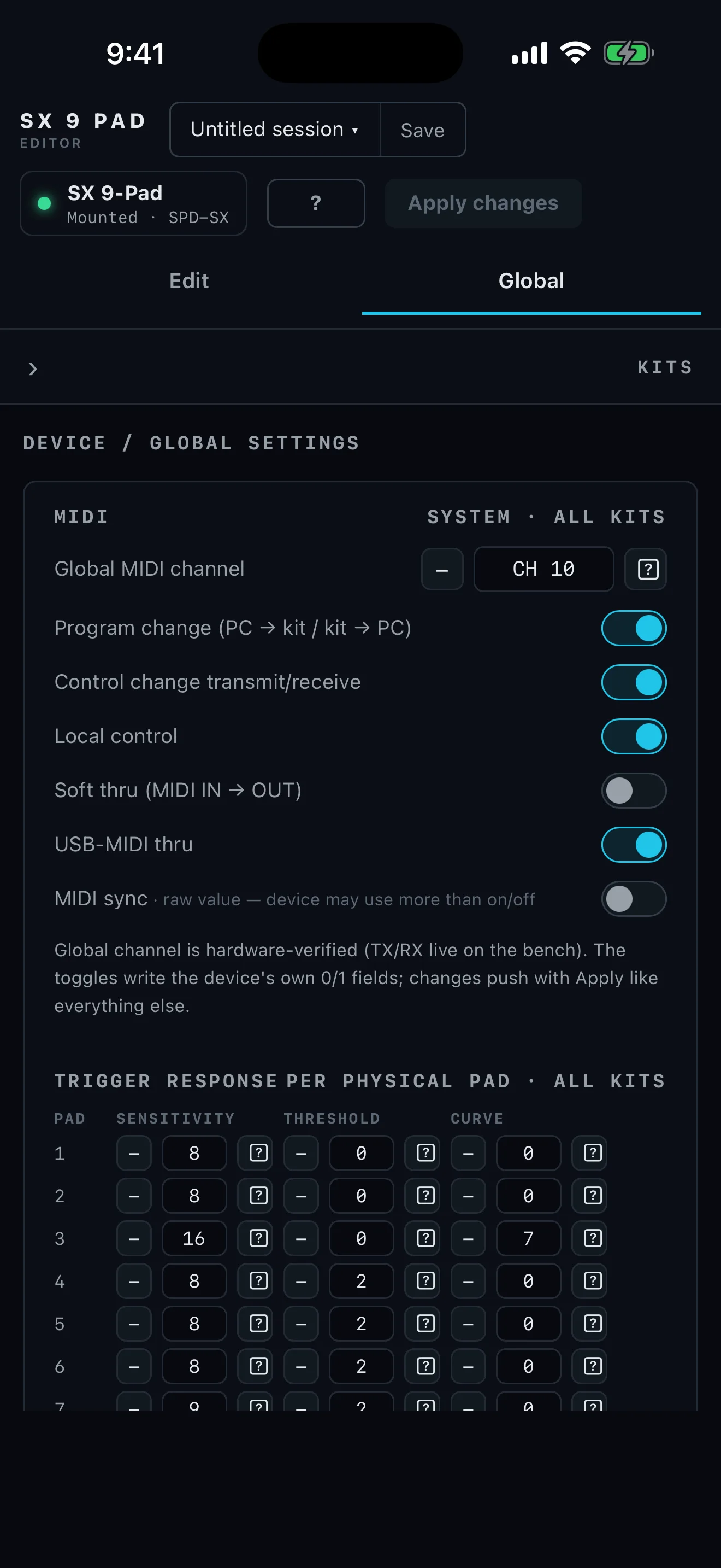 Performance Editor: SX 9 Pad global settings on iPhone