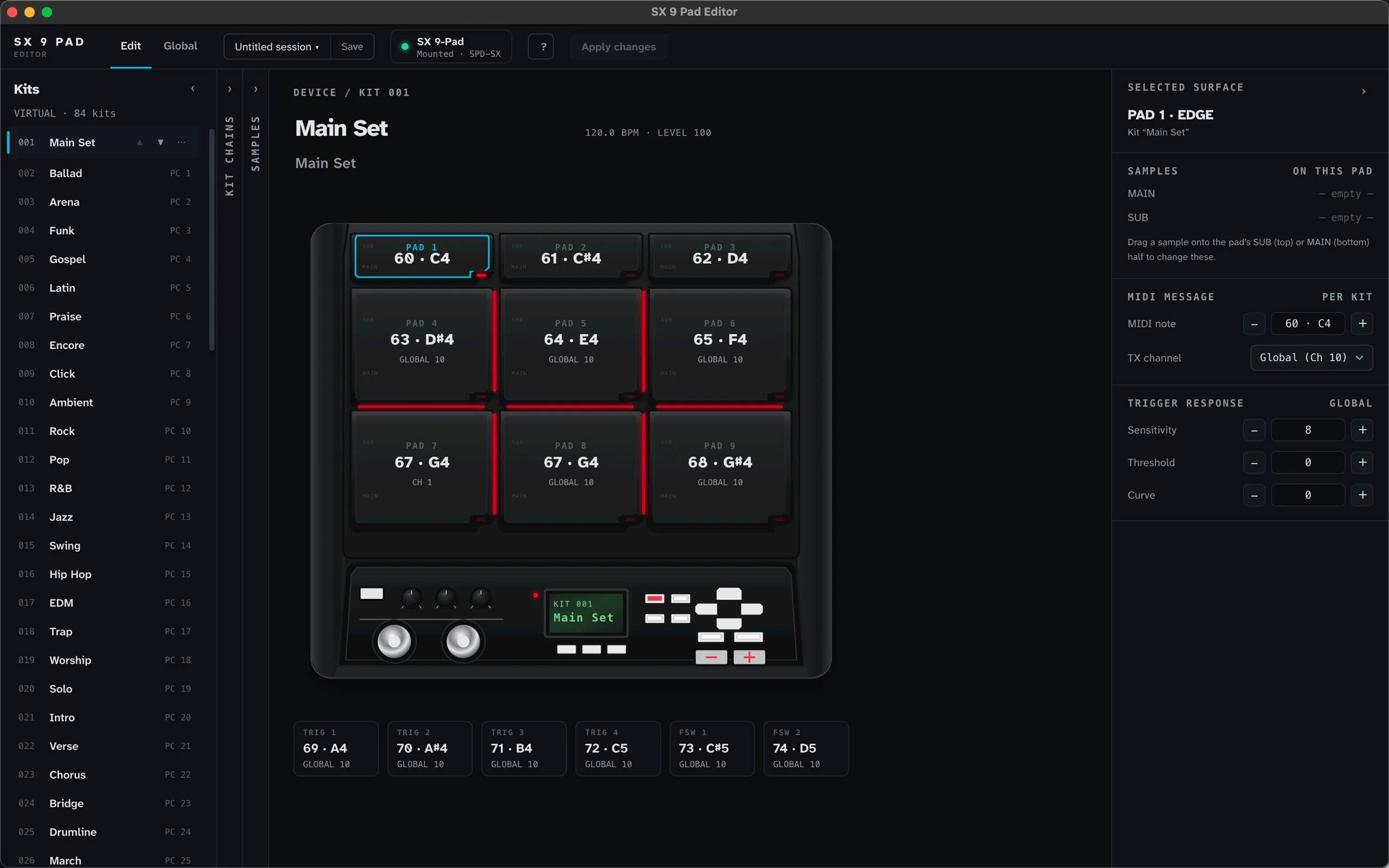 Performance Editor: SX 9 Pad first-launch workspace on Mac