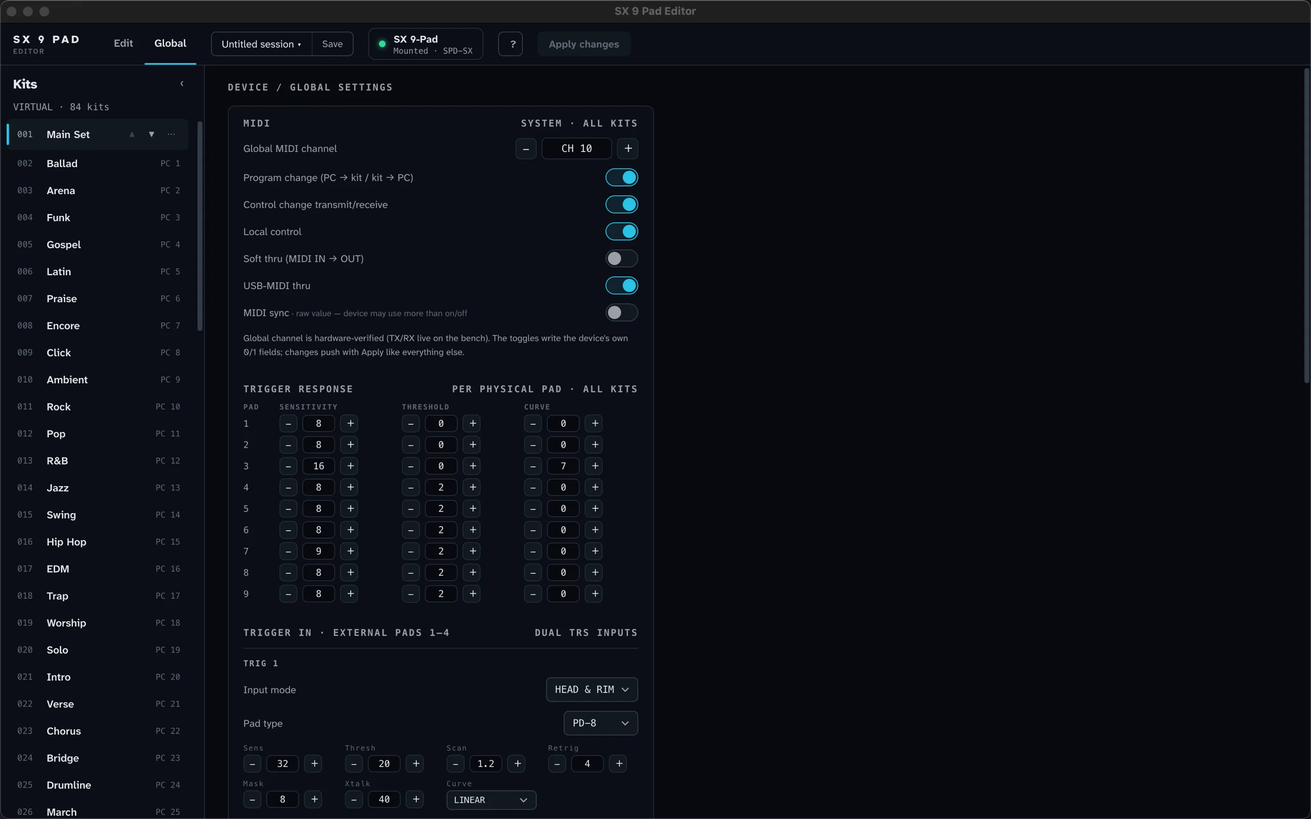 Performance Editor: SX 9 Pad global settings on Mac