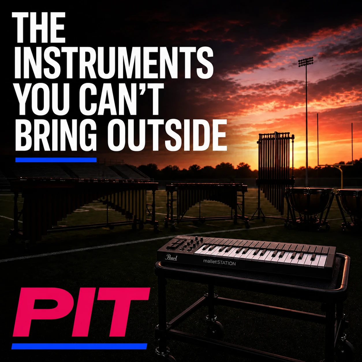 Pearl malletSTATION with front-ensemble instruments on a football field at sunset
