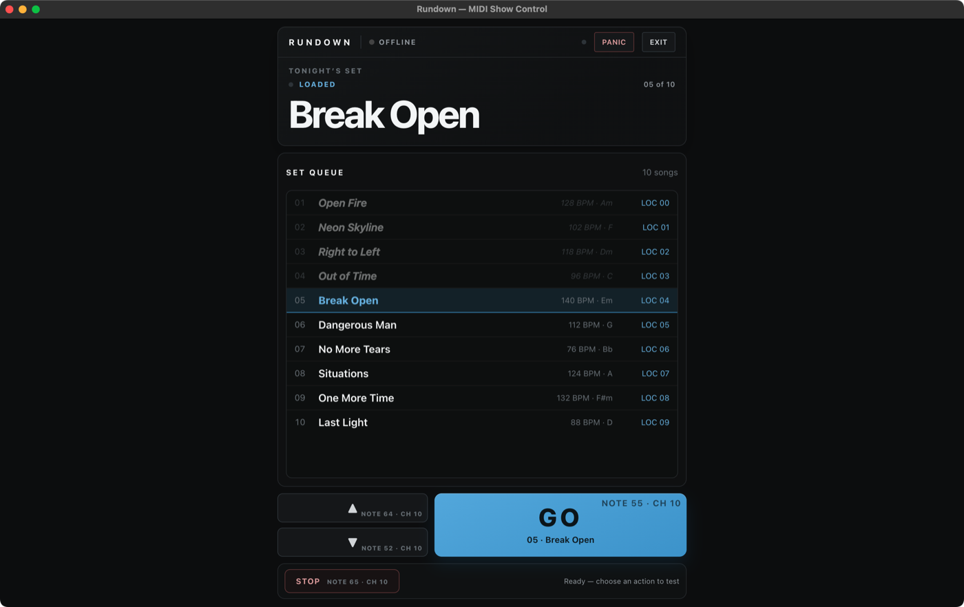 Rundown setlist screen