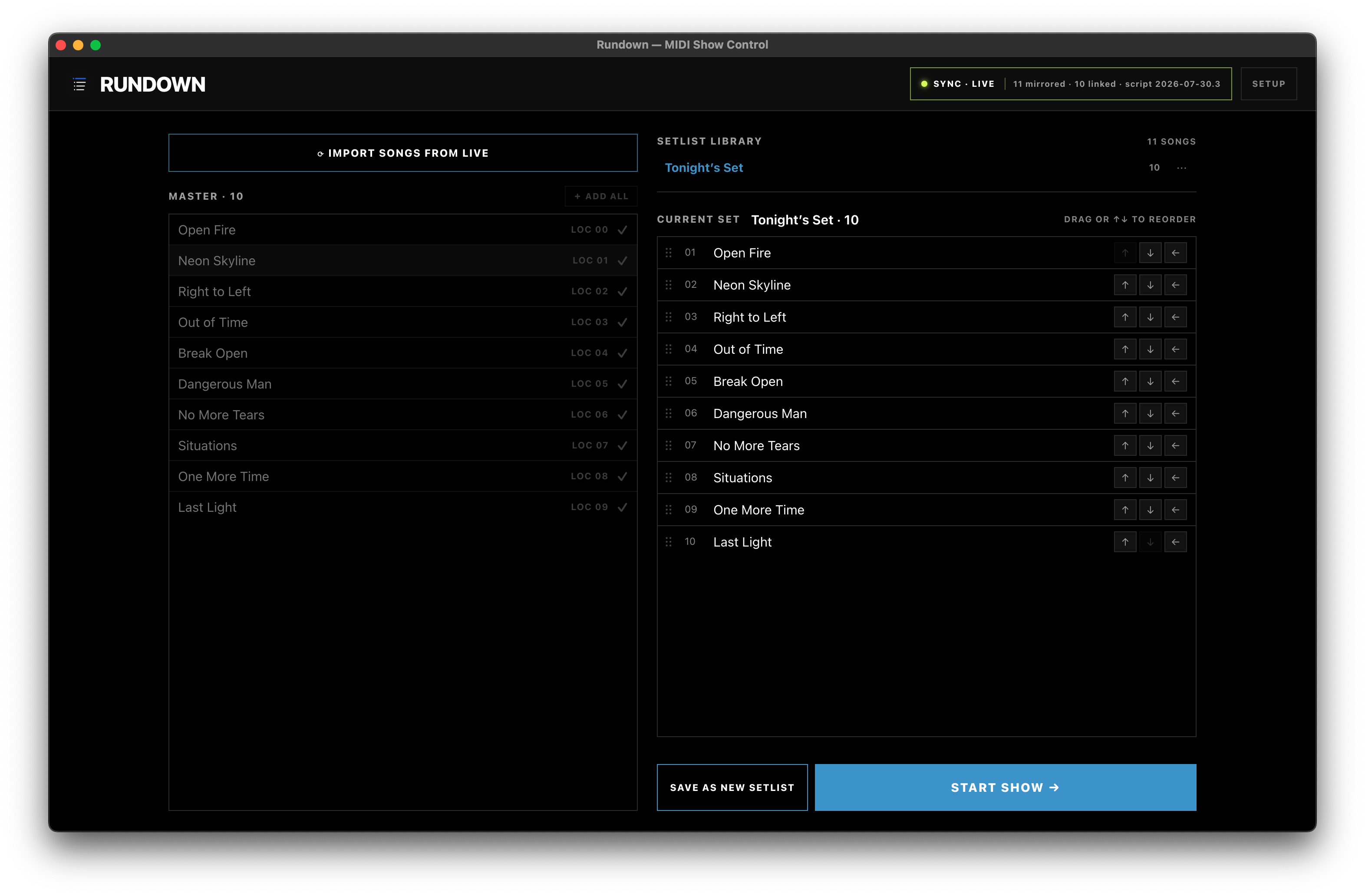 Rundown setlist builder importing songs from Ableton Live and arranging tonight's set