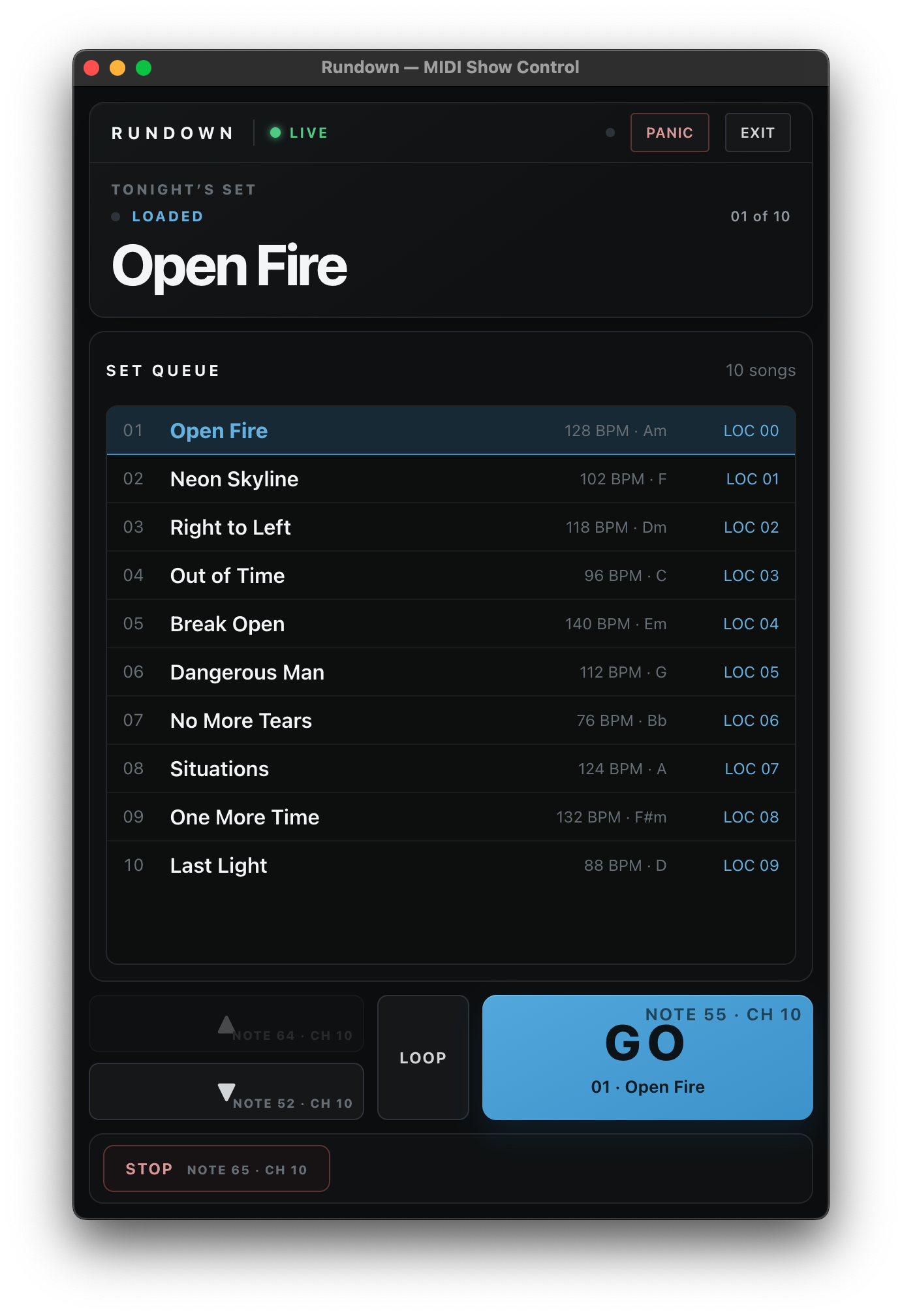 Rundown Perform view showing the current song, set queue, GO, loop, and stop controls